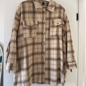 Plaid Button-Up Shacket with Fringe on the back